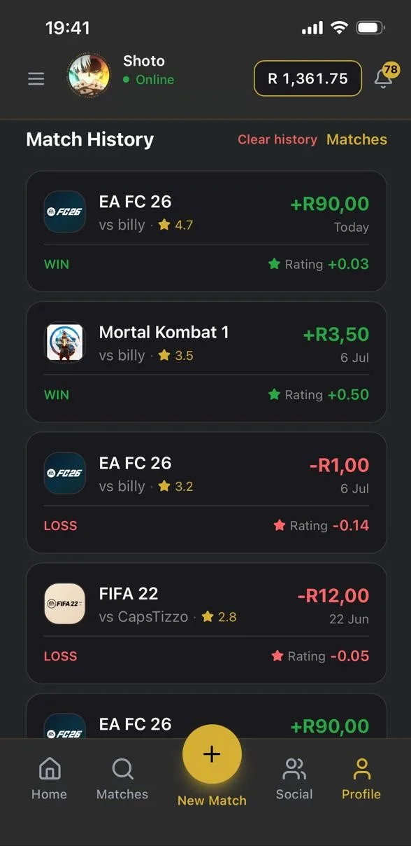 HiStakes match history showing winnings