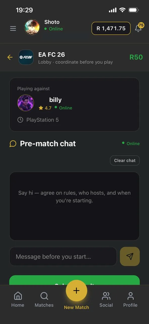 HiStakes match lobby with pre-match chat