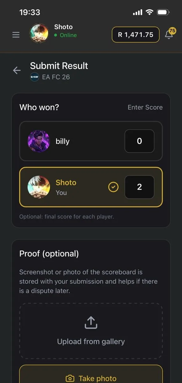 HiStakes Submit Result screen with scores for both players