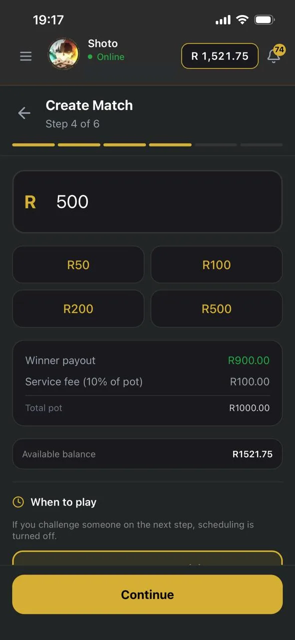 HiStakes Create Match screen with a R500 stake entered